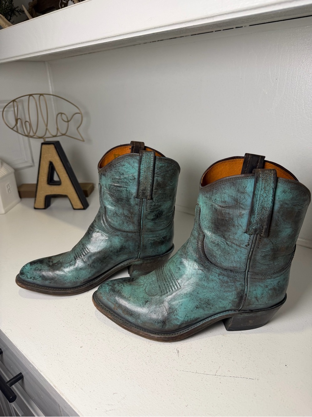 Lucchese Womens 8.5B Turquoise Distressed Stonewashed Leather Western Boots NWT